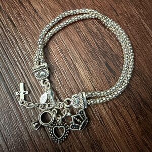 Premier Designs 2 Strand Silver Tone Crown Ring Heart Cross Charm Bracelet 7-8”